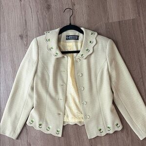 Cream Women's Blazer with Green Embroidery